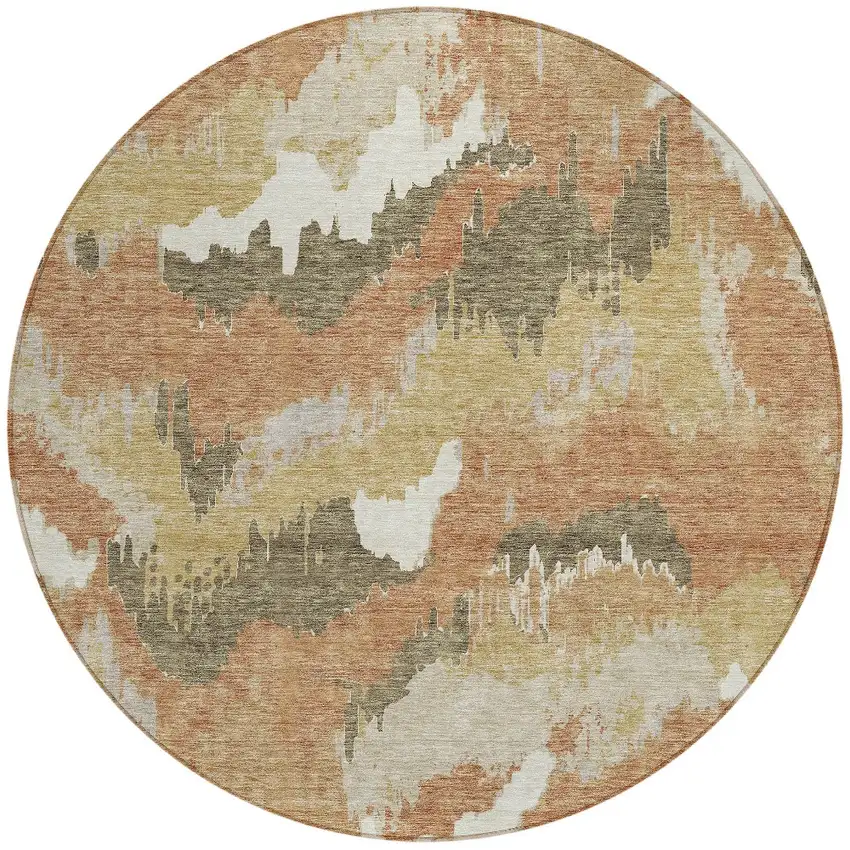 8' Copper Ivory And Brown Round Abstract Washable Indoor Outdoor Area Rug Photo 7