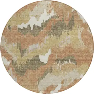 Photo of 8' Copper Ivory And Brown Round Abstract Washable Indoor Outdoor Area Rug