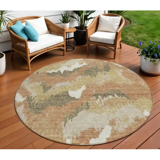 8' Copper Ivory And Brown Round Abstract Washable Indoor Outdoor Area Rug Photo 1