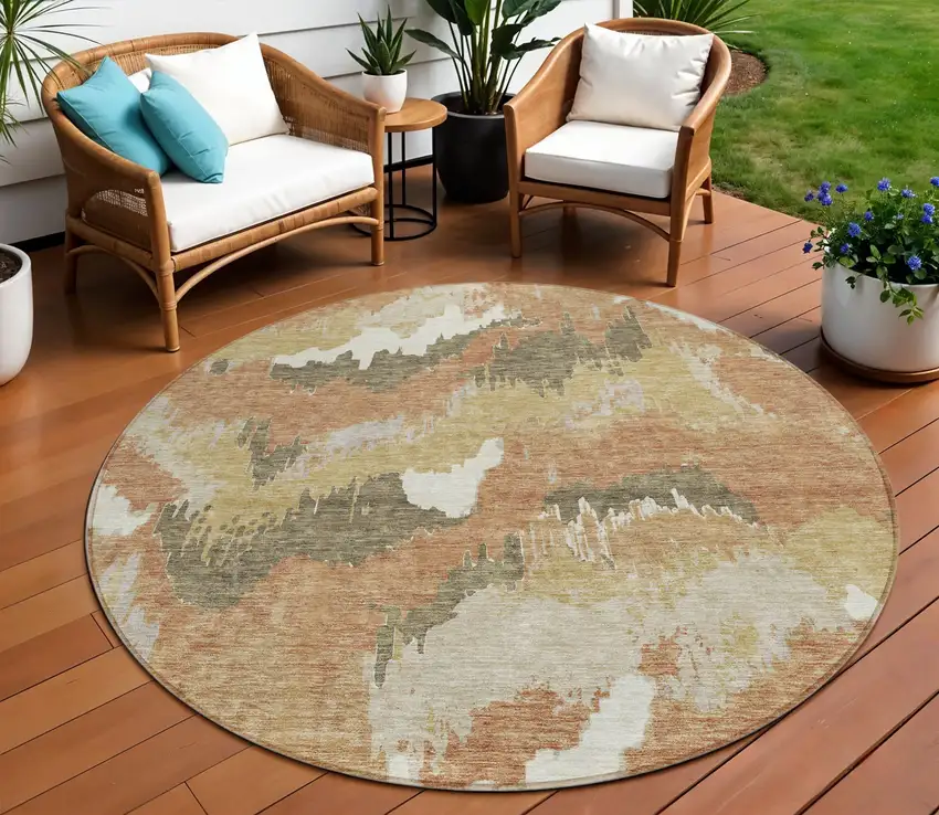 8' Copper Ivory And Brown Round Abstract Washable Indoor Outdoor Area Rug Photo 1