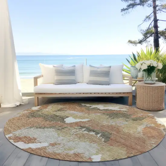8' Copper Ivory And Brown Round Abstract Washable Indoor Outdoor Area Rug Photo 9