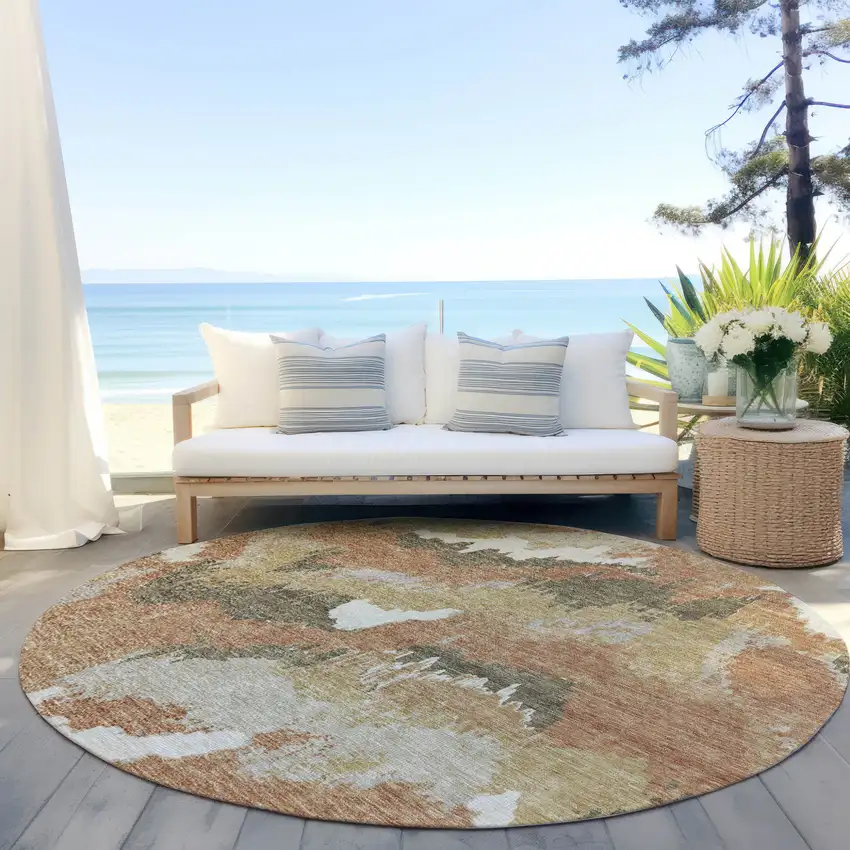 8' Copper Ivory And Brown Round Abstract Washable Indoor Outdoor Area Rug Photo 9