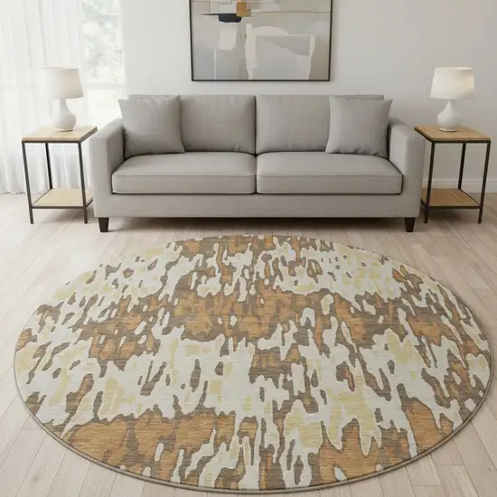 8' Copper Ivory And Brown Striped Washable Round Rug With UV Protection Photo 2