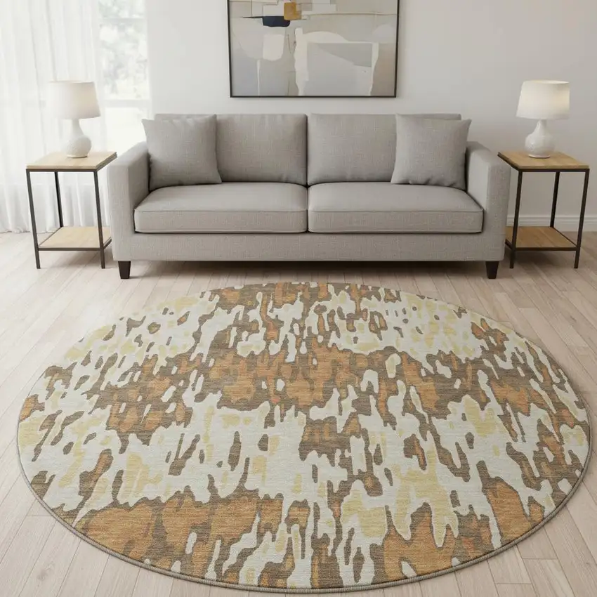 8' Copper Ivory And Brown Striped Washable Round Rug With UV Protection Photo 2