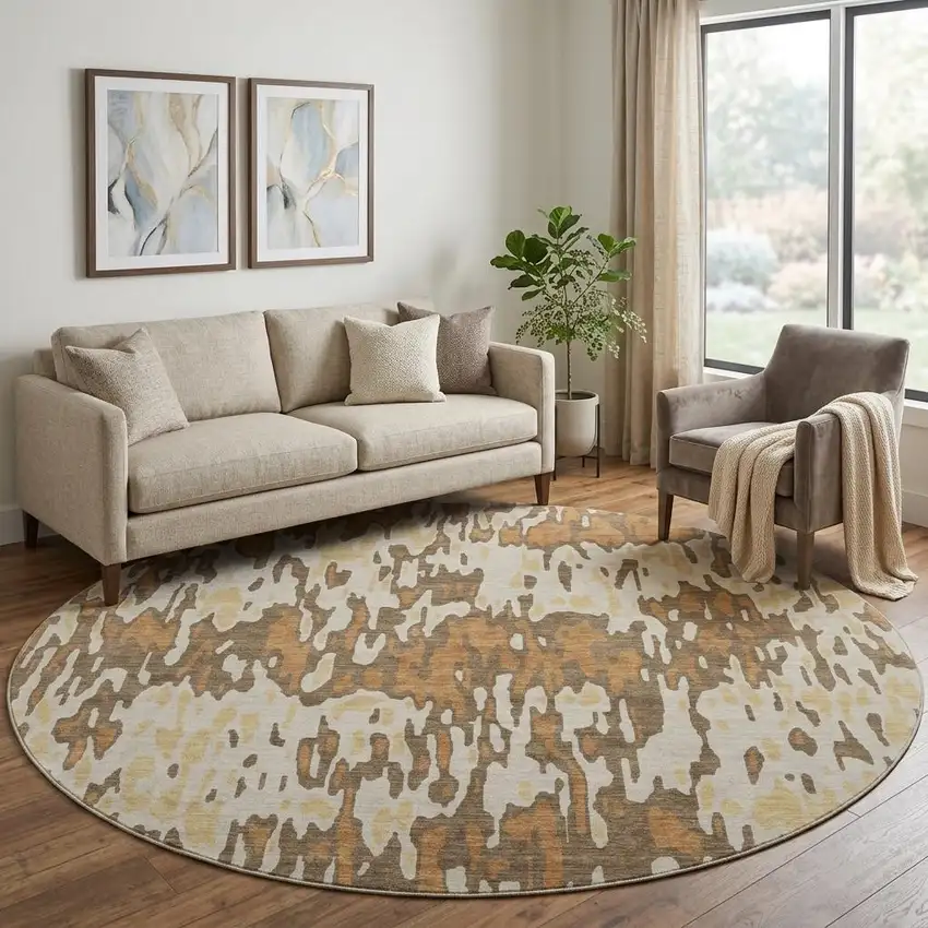 8' Copper Ivory And Brown Striped Washable Round Rug With UV Protection Photo 1