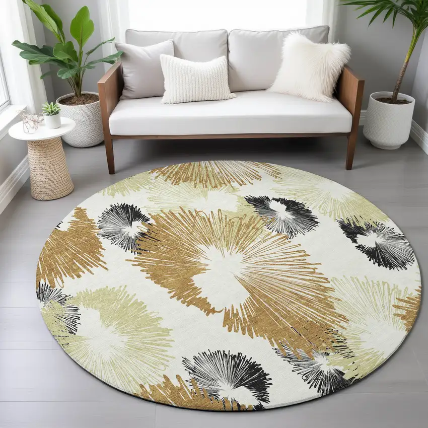 8' Copper Ivory And Charcoal Round Floral Washable Indoor Outdoor Area Rug Photo 7