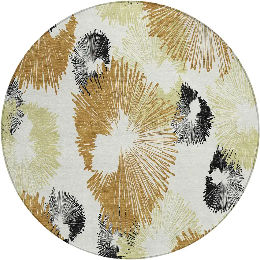8' Copper Ivory And Charcoal Round Floral Washable Indoor Outdoor Area Rug Photo 1