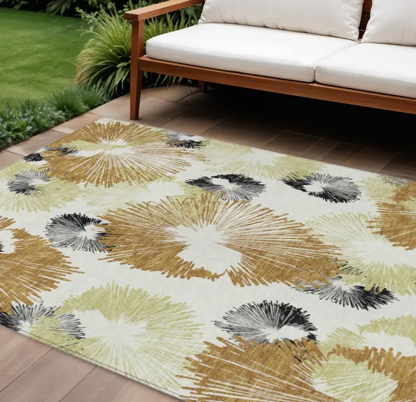 8' Copper Ivory And Charcoal Round Floral Washable Indoor Outdoor Area Rug Photo 2