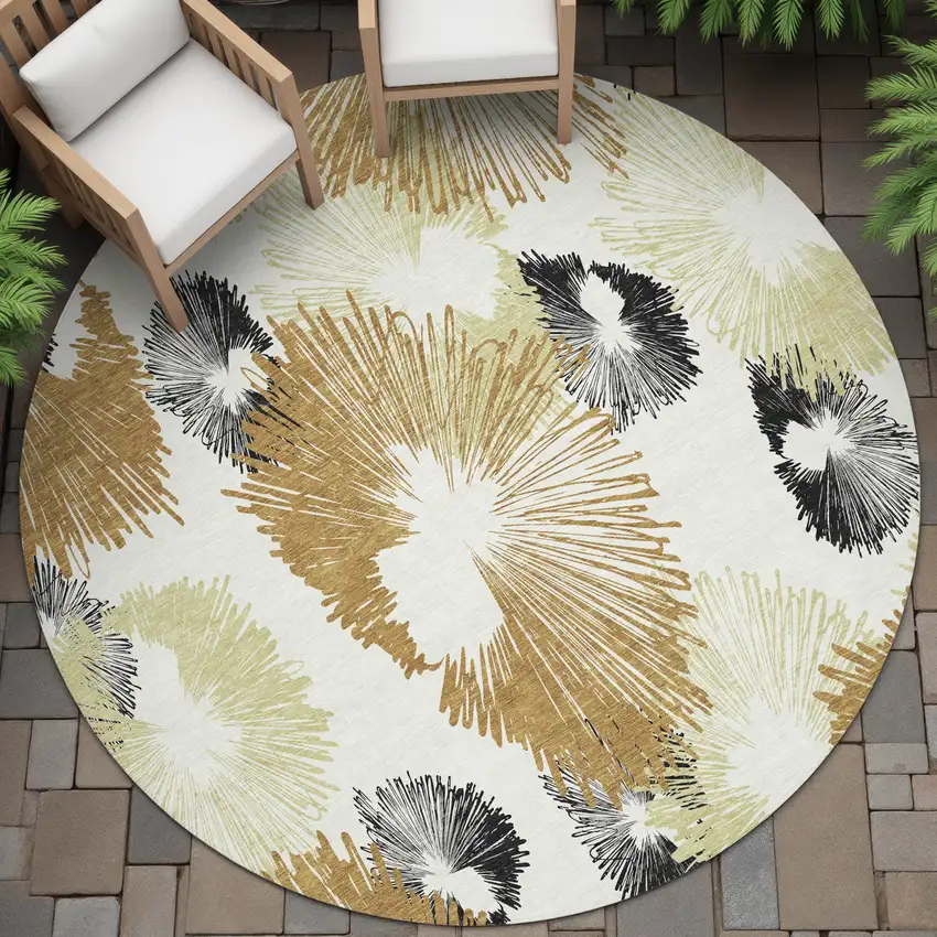 8' Copper Ivory And Charcoal Round Floral Washable Indoor Outdoor Area Rug Photo 5