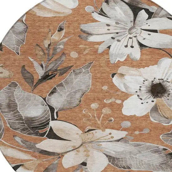 8' Copper Ivory And Charcoal Round Floral Washable Indoor Outdoor Area Rug Photo 6