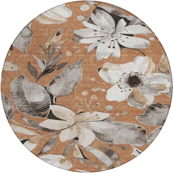 8' Copper Ivory And Charcoal Round Floral Washable Indoor Outdoor Area Rug Photo 2