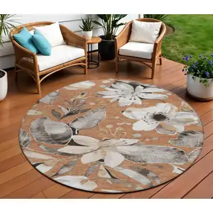 Photo of 8' Copper Ivory And Charcoal Round Floral Washable Indoor Outdoor Area Rug