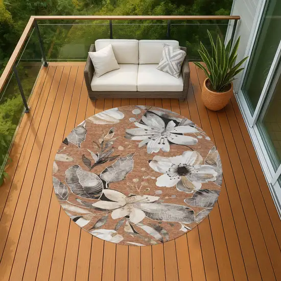 8' Copper Ivory And Charcoal Round Floral Washable Indoor Outdoor Area Rug Photo 8