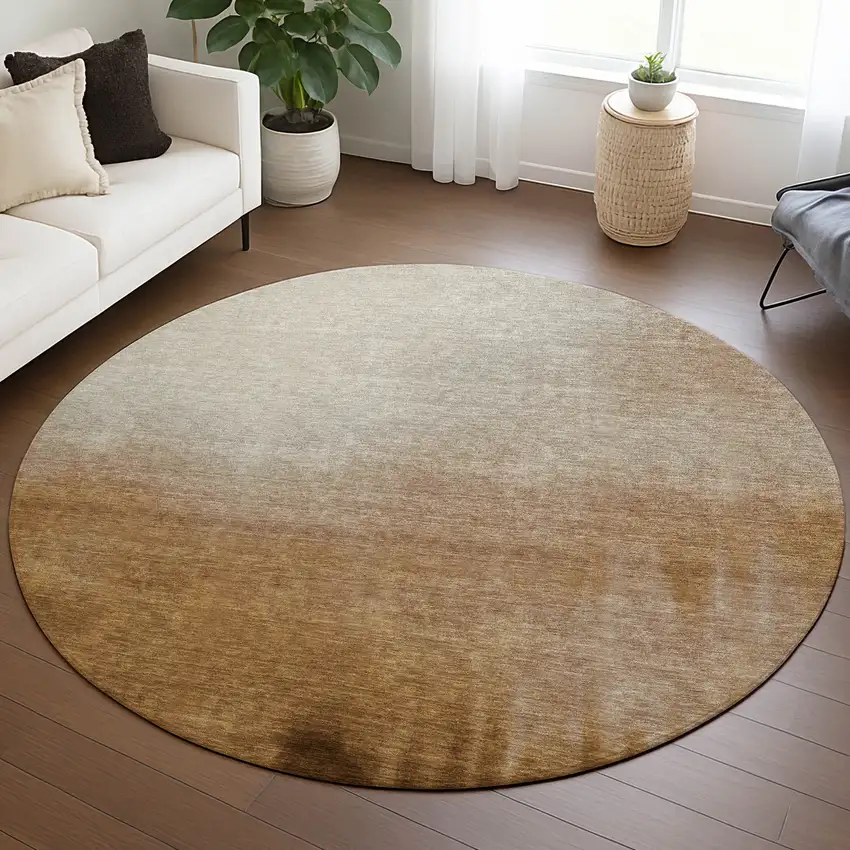 8' Copper Ivory And Chocolate Round Abstract Washable Indoor Outdoor Area Rug Photo 5