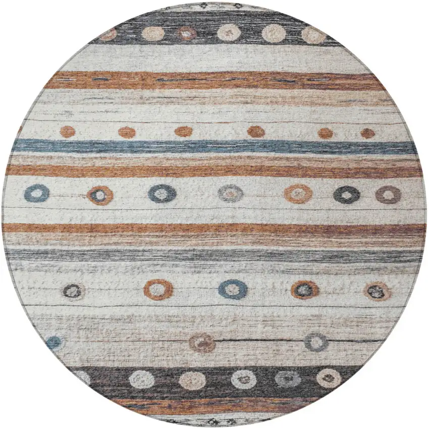 8' Copper Ivory And Denim Blue Round Striped Washable Indoor Outdoor Area Rug Photo 4