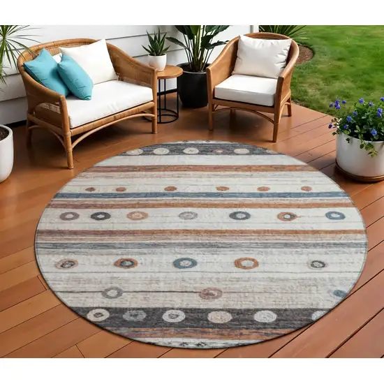 8' Copper Ivory And Denim Blue Round Striped Washable Indoor Outdoor Area Rug Photo 2