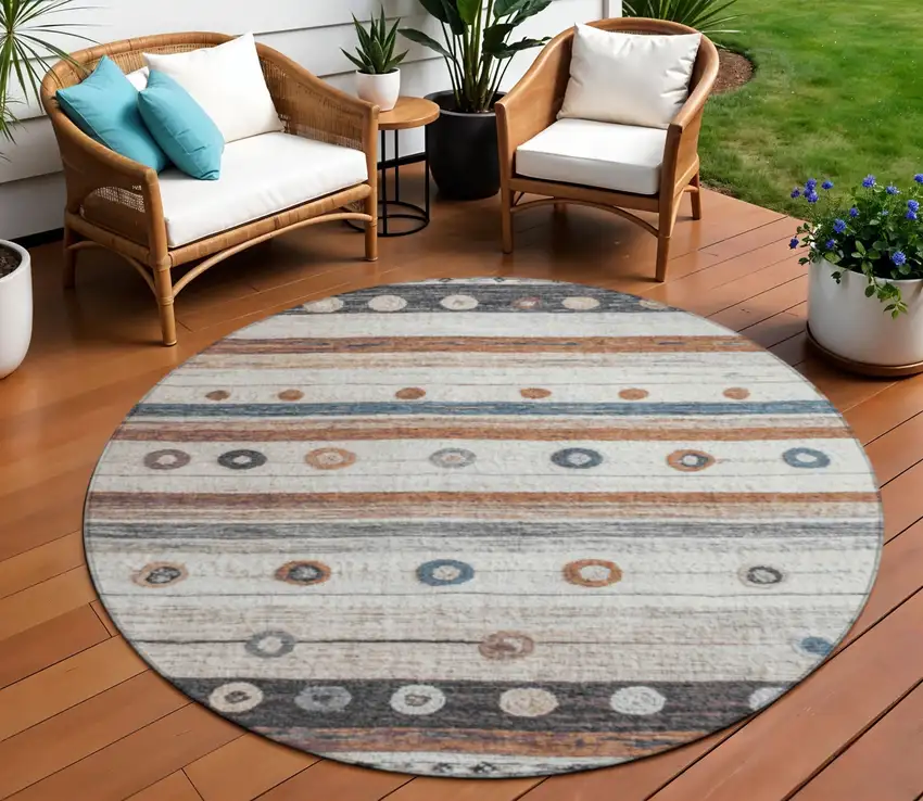 8' Copper Ivory And Denim Blue Round Striped Washable Indoor Outdoor Area Rug Photo 2