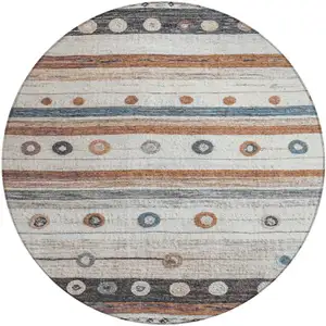 Photo of 8' Copper Ivory And Denim Blue Round Striped Washable Indoor Outdoor Area Rug