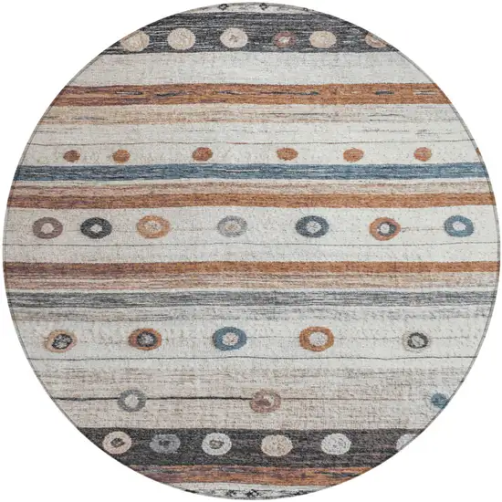 8' Copper Ivory And Denim Blue Round Striped Washable Indoor Outdoor Area Rug Photo 1