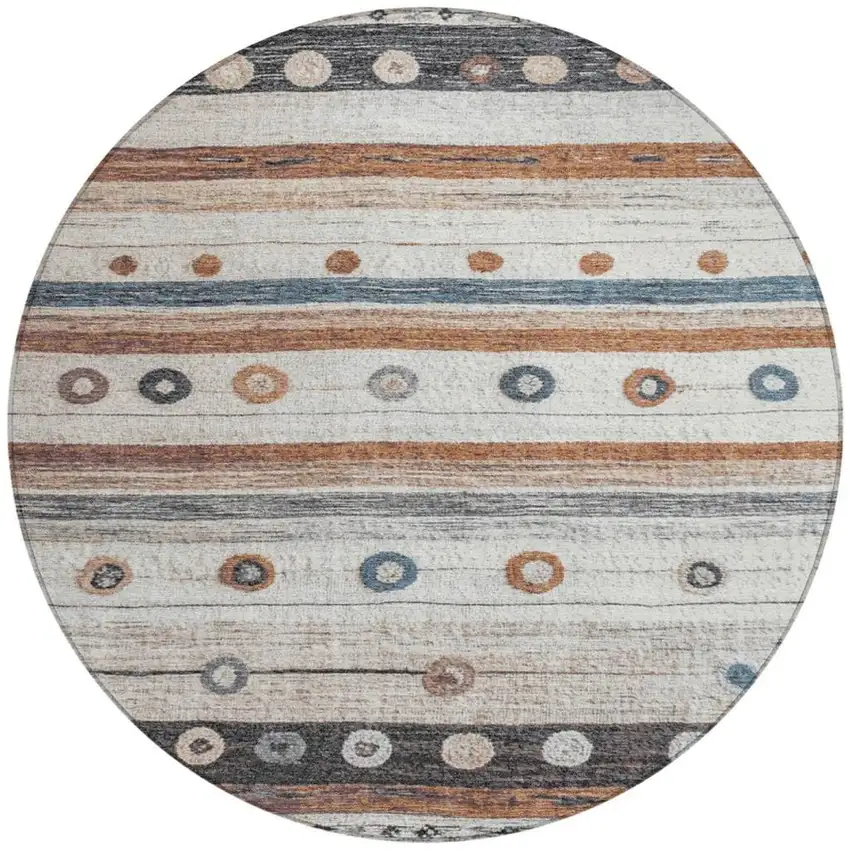 8' Copper Ivory And Denim Blue Round Striped Washable Indoor Outdoor Area Rug Photo 3