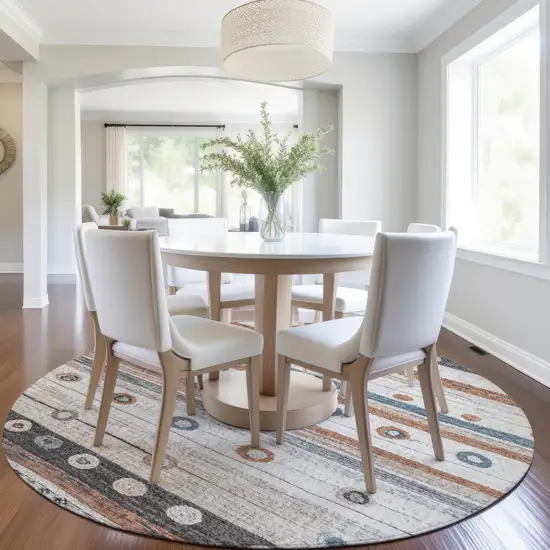 8' Copper Ivory And Denim Blue Round Striped Washable Indoor Outdoor Area Rug Photo 6