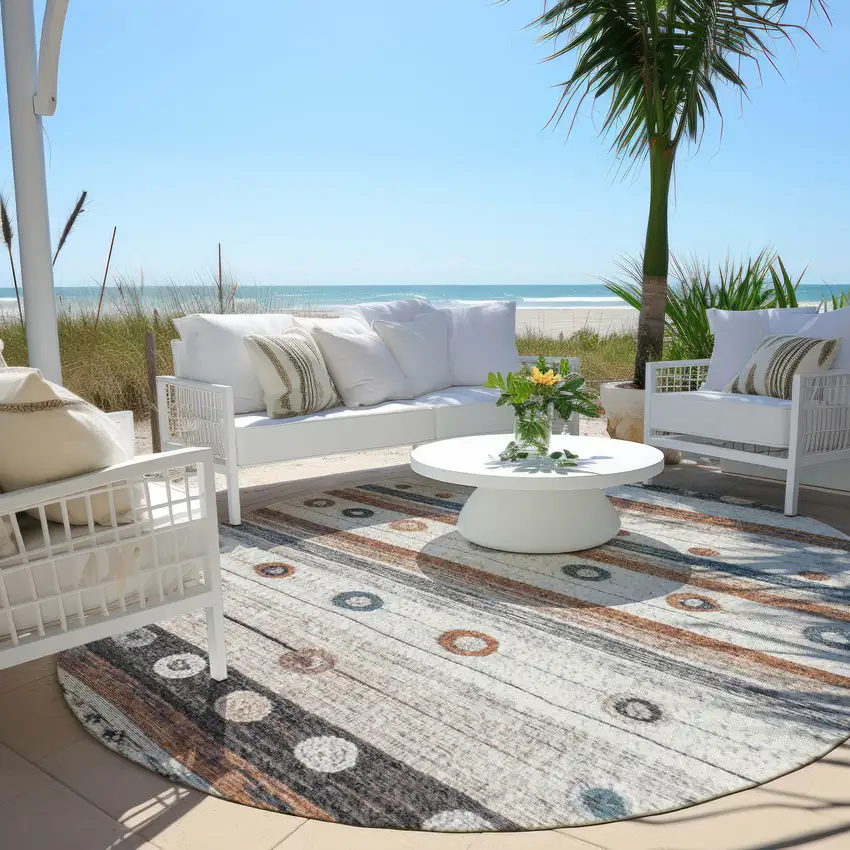 8' Copper Ivory And Denim Blue Round Striped Washable Indoor Outdoor Area Rug Photo 5