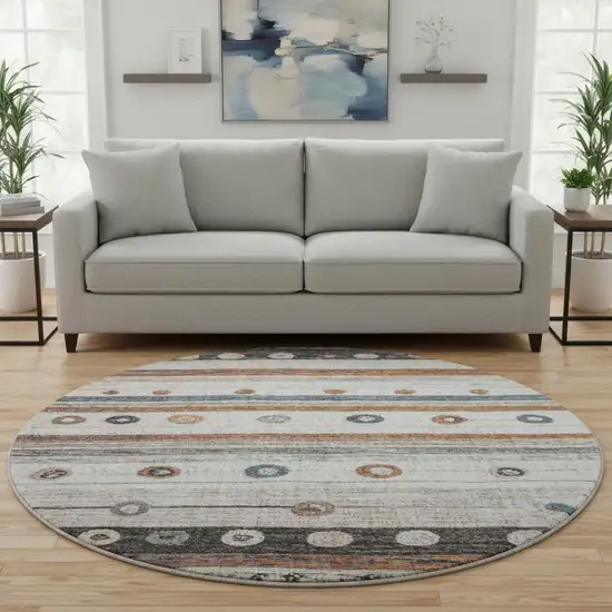 8' Copper Ivory And Denim Blue Striped Washable Round Rug With UV Protection Photo 2