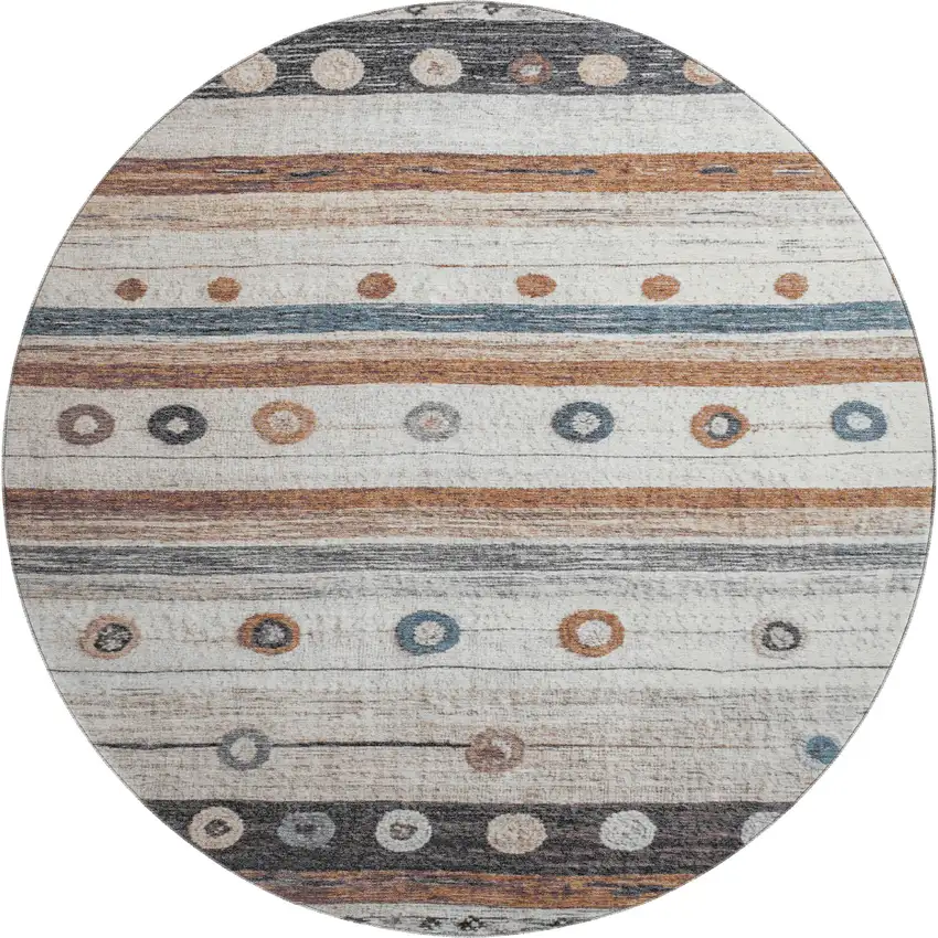 8' Copper Ivory And Denim Blue Striped Washable Round Rug With UV Protection Photo 1