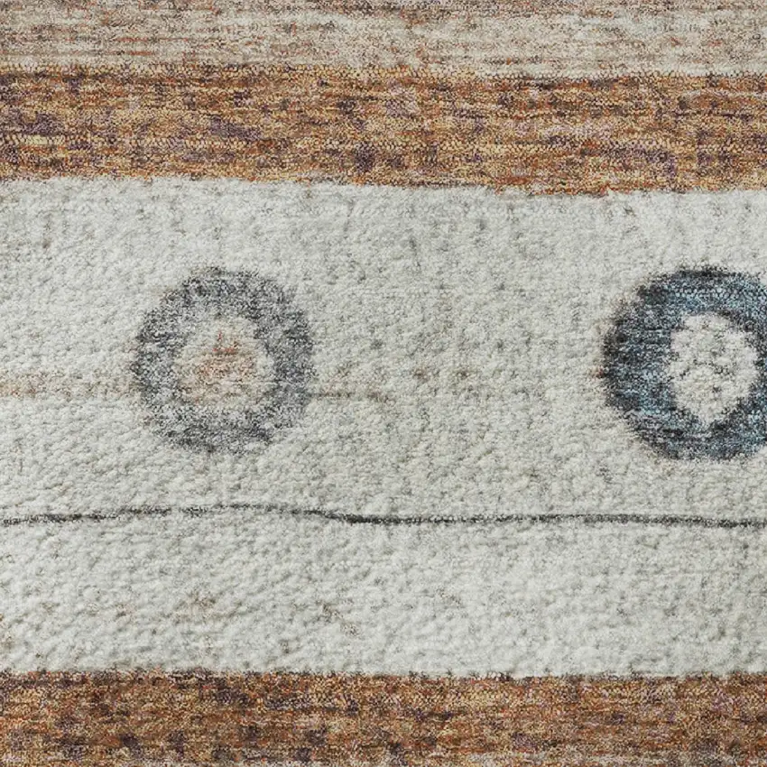 8' Copper Ivory And Denim Blue Striped Washable Round Rug With UV Protection Photo 9