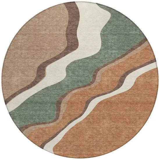 8' Copper Ivory And Fern Green Round Abstract Washable Indoor Outdoor Area Rug Photo 3