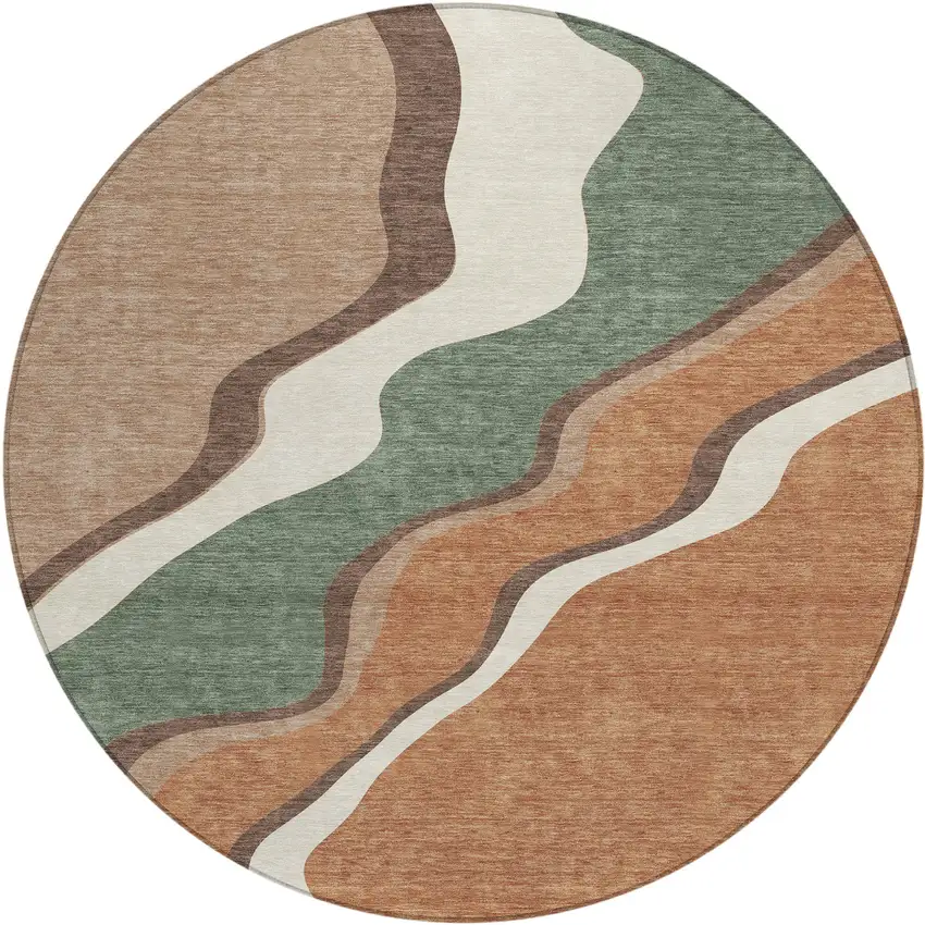 8' Copper Ivory And Fern Green Round Abstract Washable Indoor Outdoor Area Rug Photo 1