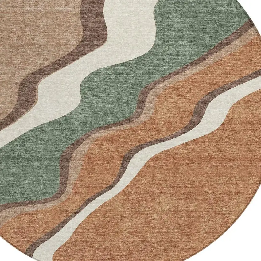 8' Copper Ivory And Fern Green Round Abstract Washable Indoor Outdoor Area Rug Photo 2