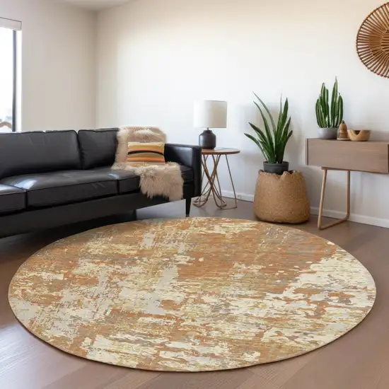 8' Copper Ivory And Gold Abstract Washable Round Rug With UV Protection Photo 4