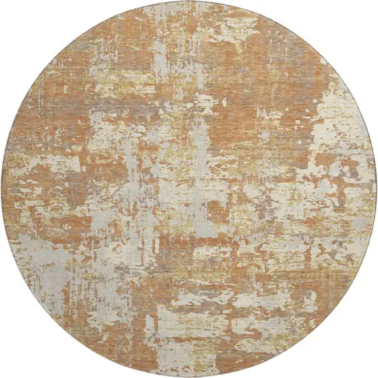 8' Copper Ivory And Gold Abstract Washable Round Rug With UV Protection Photo 1