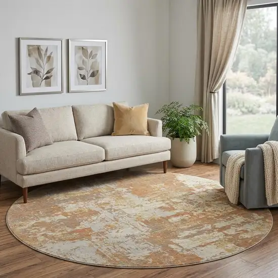 8' Copper Ivory And Gold Abstract Washable Round Rug With UV Protection Photo 1
