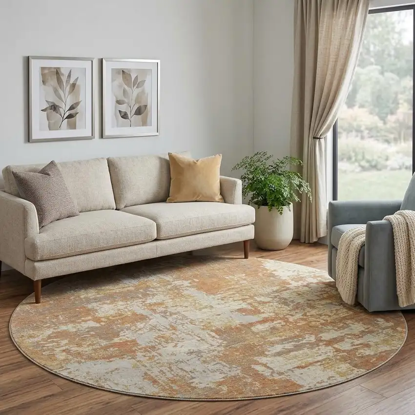 8' Copper Ivory And Gold Abstract Washable Round Rug With UV Protection Photo 1