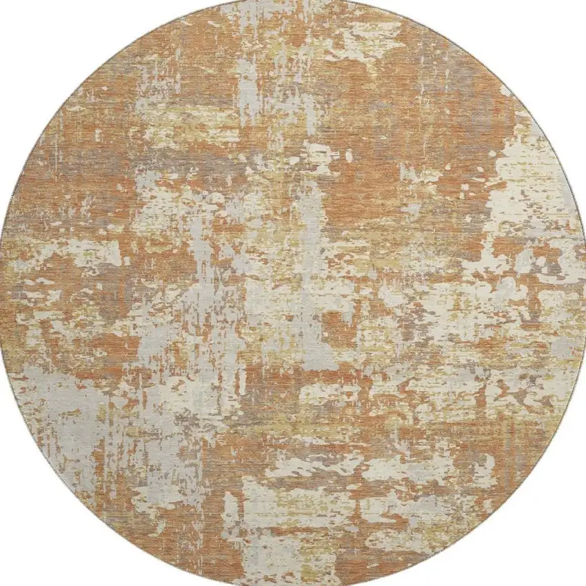 8' Copper Ivory And Gold Abstract Washable Round Rug With UV Protection Photo 2