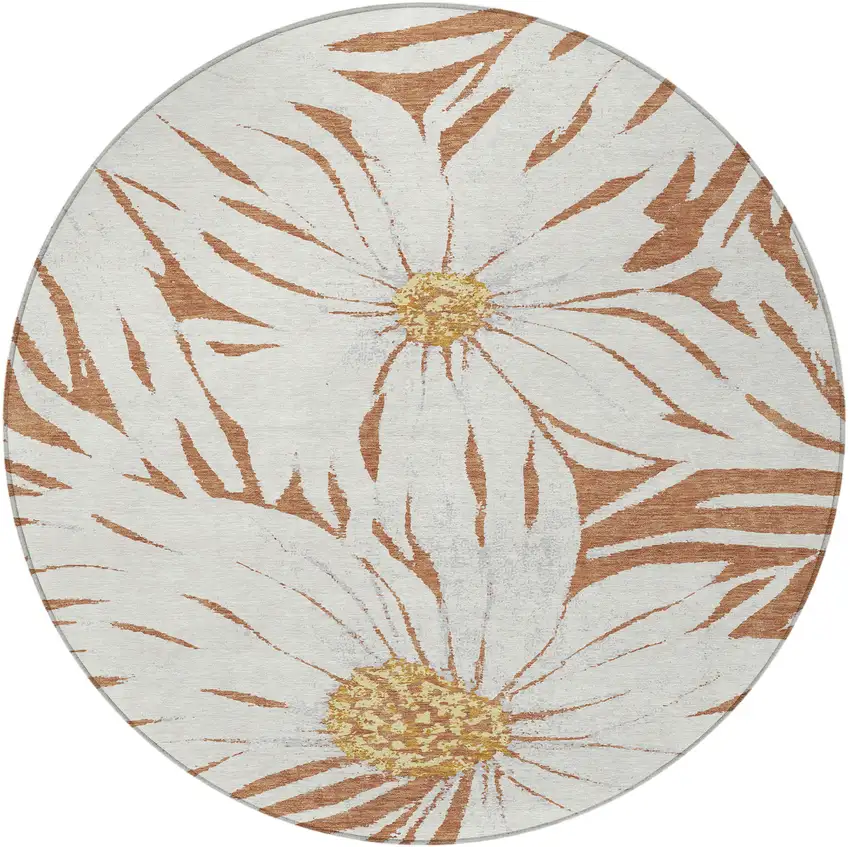 8' Copper Ivory And Gold Round Floral Washable Indoor Outdoor Area Rug Photo 4