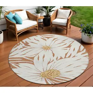 Photo of 8' Copper Ivory And Gold Round Floral Washable Indoor Outdoor Area Rug