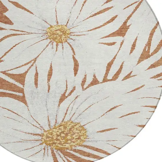 8' Copper Ivory And Gold Round Floral Washable Indoor Outdoor Area Rug Photo 6