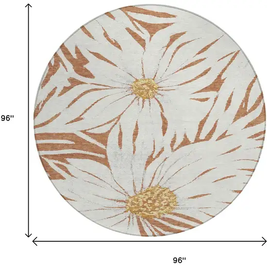 8' Copper Ivory And Gold Round Floral Washable Indoor Outdoor Area Rug Photo 3