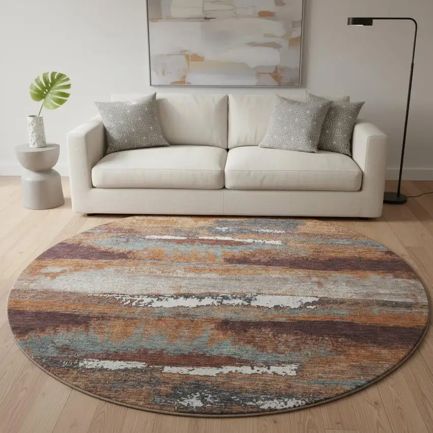 8' Copper Ivory And Gray Abstract Washable Round Rug With UV Protection Photo 2