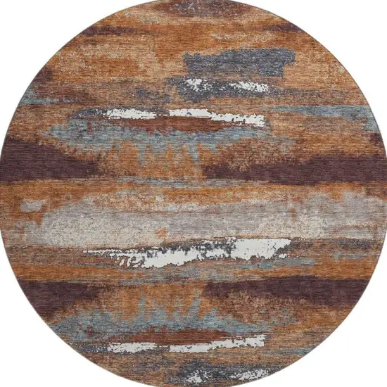 8' Copper Ivory And Gray Abstract Washable Round Rug With UV Protection Photo 2