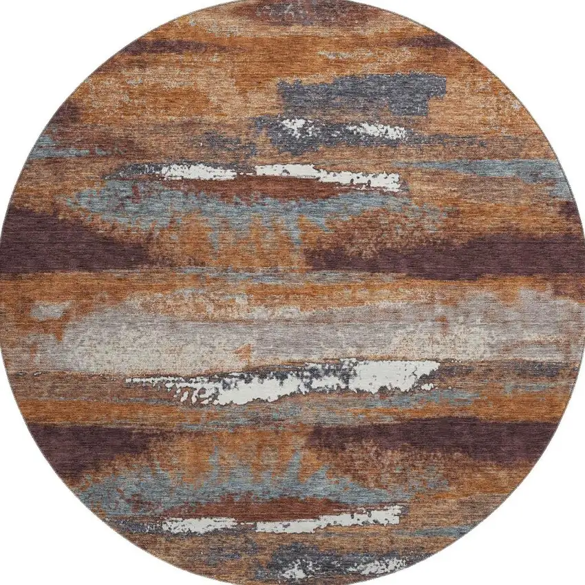 8' Copper Ivory And Gray Abstract Washable Round Rug With UV Protection Photo 2