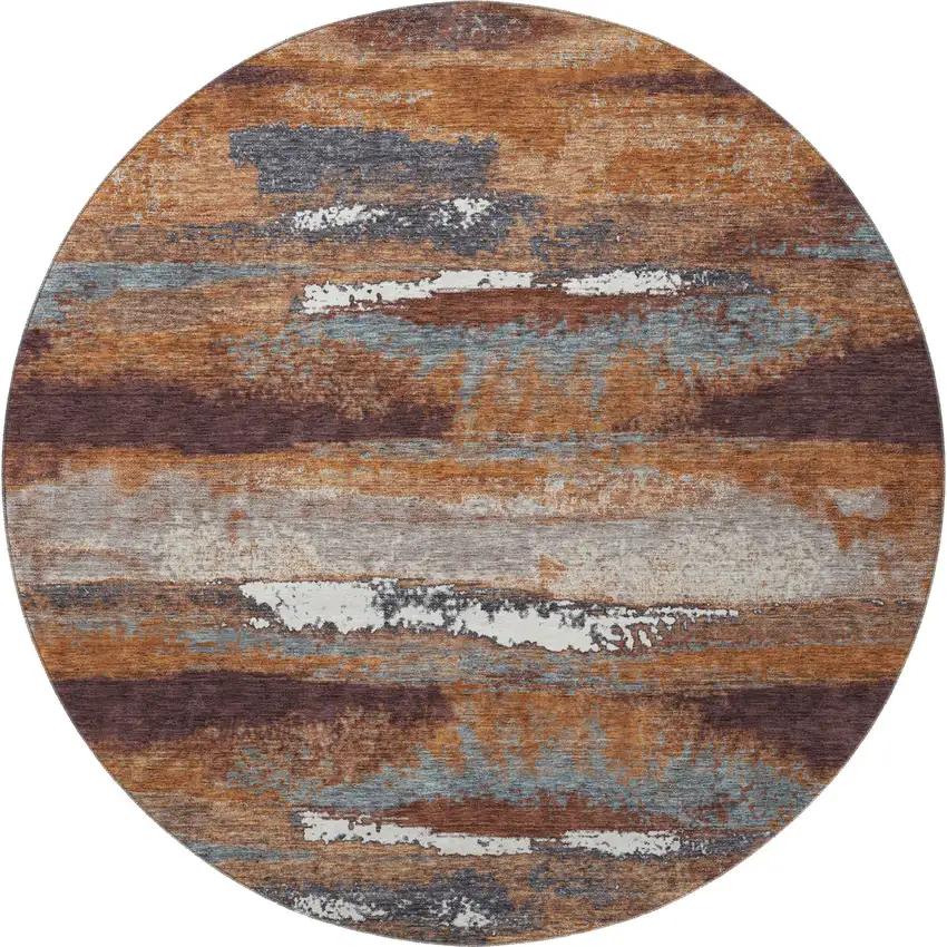 8' Copper Ivory And Gray Abstract Washable Round Rug With UV Protection Photo 3