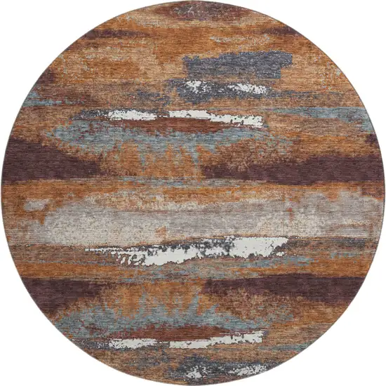 8' Copper Ivory And Gray Abstract Washable Round Rug With UV Protection Photo 1