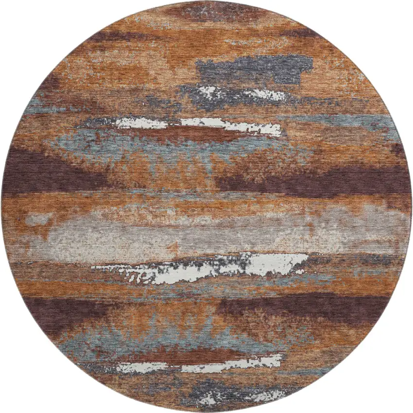 8' Copper Ivory And Gray Abstract Washable Round Rug With UV Protection Photo 1