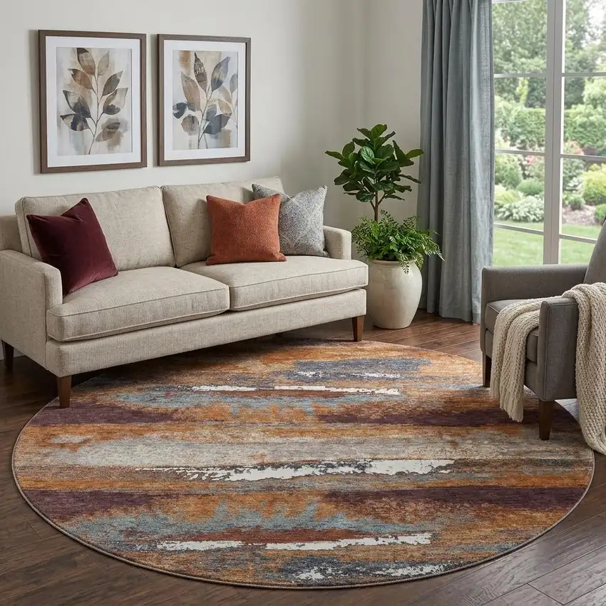 8' Copper Ivory And Gray Abstract Washable Round Rug With UV Protection Photo 1