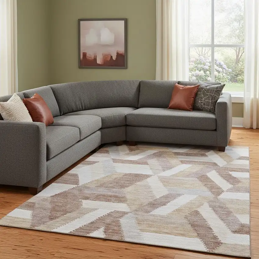 8' Copper Ivory And Gray Geometric Washable Area Rug With UV Protection Photo 2