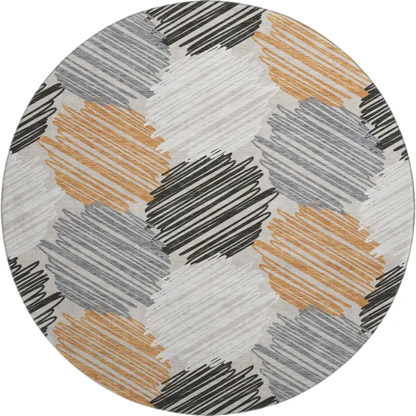8' Copper Ivory And Gray Geometric Washable Round Rug With UV Protection Photo 1
